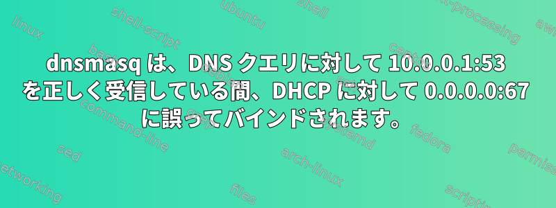 dnsmasq は、DNS クエリに対して 10.0.0.1:53 を正しく受信している間、DHCP に対して 0.0.0.0:67 に誤ってバインドされます。