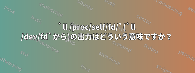 `ll /proc/self/fd/`(`ll /dev/fd`から)の出力はどういう意味ですか？