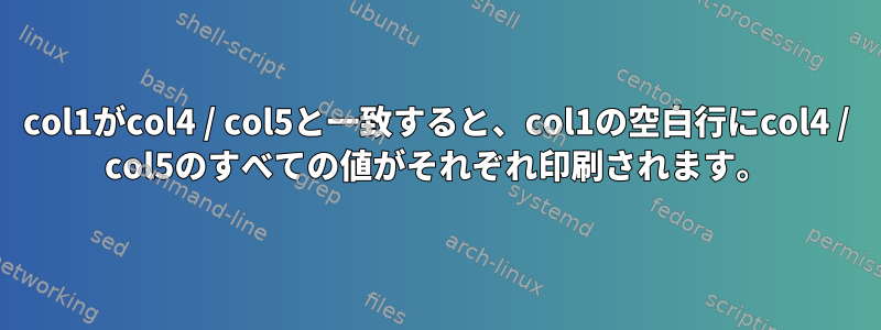 col1がcol4 / col5と一致すると、col1の空白行にcol4 / col5のすべての値がそれぞれ印刷されます。