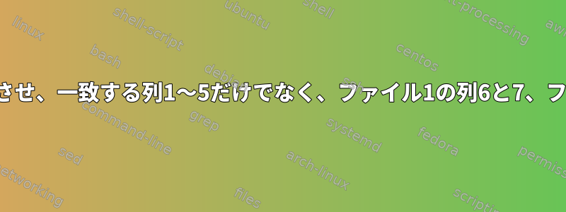 2つのファイルの列1〜5を一致させ、一致する列1〜5だけでなく、ファイル1の列6と7、ファイル2の列6を印刷します。