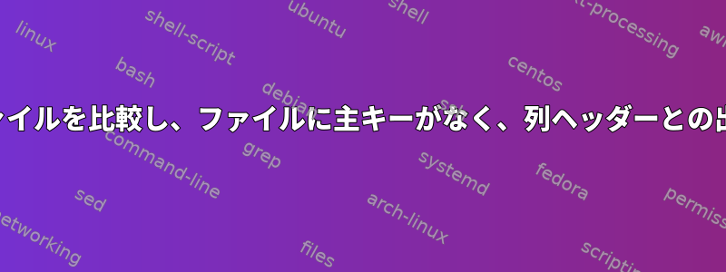 2つのタブで区切られたファイルを比較し、ファイルに主キーがなく、列ヘッダーとの出力の違いを比較します。