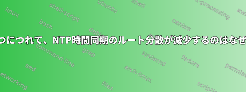 時間が経つにつれて、NTP時間同期のルート分散が減少するのはなぜですか？