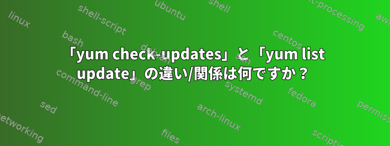 「yum check-updates」と「yum list update」の違い/関係は何ですか？