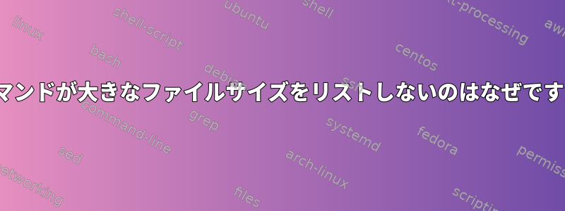 lsコマンドが大きなファイルサイズをリストしないのはなぜですか？