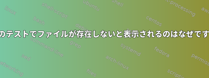 以下のテストでファイルが存在しないと表示されるのはなぜですか？