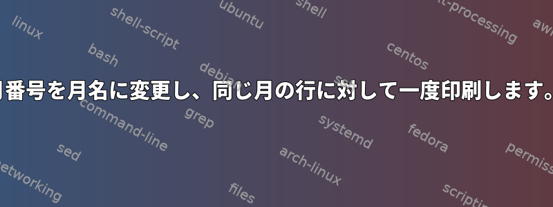 月番号を月名に変更し、同じ月の行に対して一度印刷します。