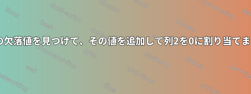 列1の欠落値を見つけて、その値を追加して列2を0に割り当てます。