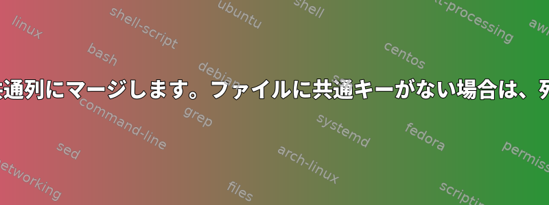 awkを介して複数のファイルをN個の共通列にマージします。ファイルに共通キーがない場合は、列の値をゼロに変更したいと思います。