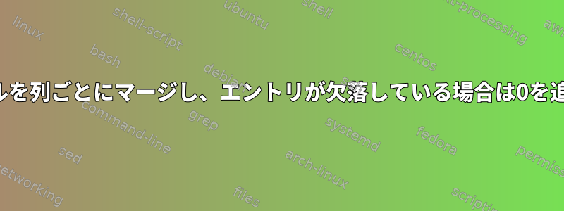 2つのファイルを列ごとにマージし、エントリが欠落している場合は0を追加します。