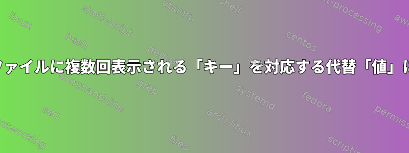 大きなテキストファイルに複数回表示される「キー」を対応する代替「値」に置き換えます。