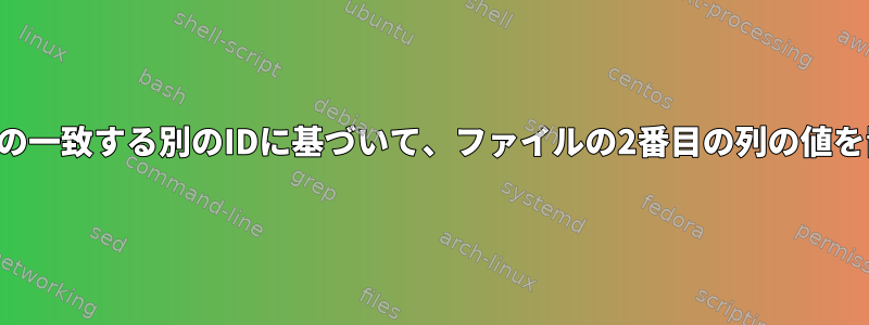 異なるファイルの一致する別のIDに基づいて、ファイルの2番目の列の値を置き換えます。