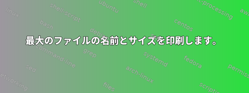 最大のファイルの名前とサイズを印刷します。