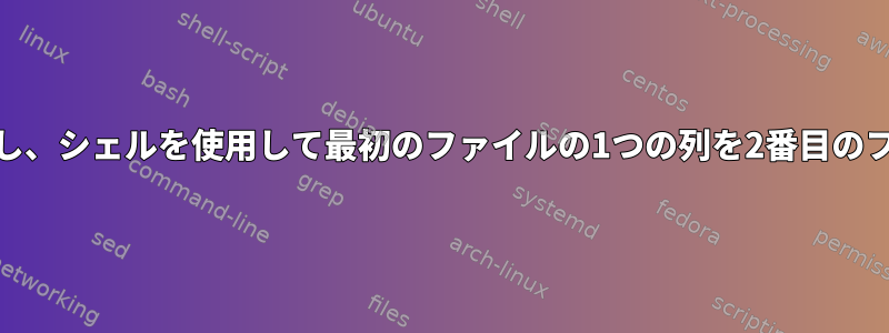 複数の列に基づいてcsvの2つのファイルを比較し、シェルを使用して最初のファイルの1つの列を2番目のファイルの別の列と一致する値に置き換えます。