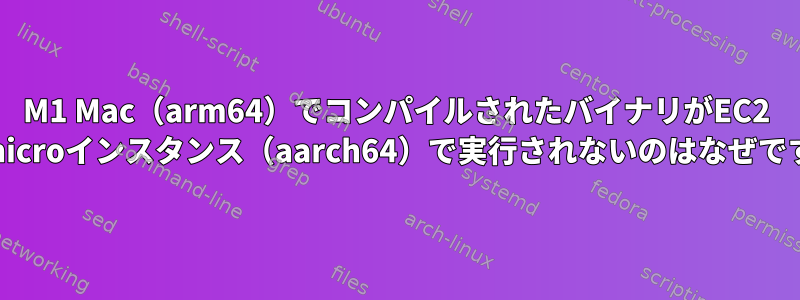 M1 Mac（arm64）でコンパイルされたバイナリがEC2 t4g.microインスタンス（aarch64）で実行されないのはなぜですか？