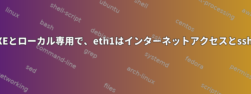 eth0はPXEとローカル専用で、eth1はインターネットアクセスとssh用です。