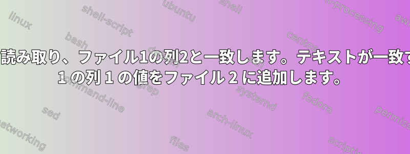 csvファイル2の列1を読み取り、ファイル1の列2と一致します。テキストが一致する場合は、ファイル 1 の列 1 の値をファイル 2 に追加します。