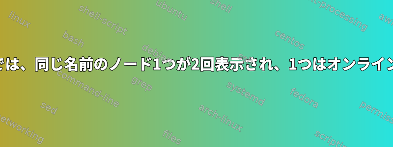 3ノードのPacemaker設定では、同じ名前のノード1つが2回表示され、1つはオンライン、1つはオフラインです。