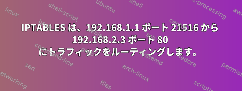 IPTABLES は、192.168.1.1 ポート 21516 から 192.168.2.3 ポート 80 にトラフィックをルーティングします。