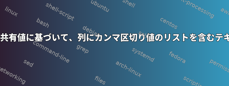 コマンドラインの2番目の列の共有値に基づいて、列にカンマ区切り値のリストを含むテキストファイルを作成します。