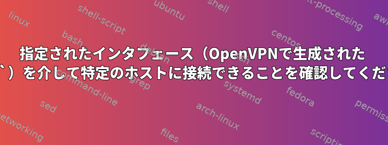 指定されたインタフェース（OpenVPNで生成された `tun0`）を介して特定のホストに接続できることを確認してください。