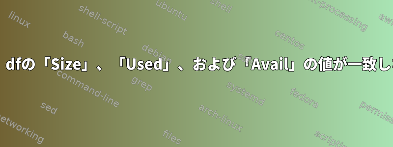 btrfsを使用するとき、dfの「Size」、「Used」、および「Avail」の値が一致しないのはなぜですか？