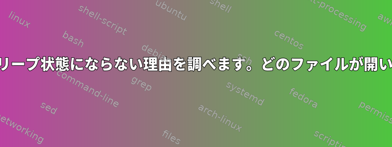 ディスクがスリープ状態にならない理由を調べます。どのファイルが開いていますか？