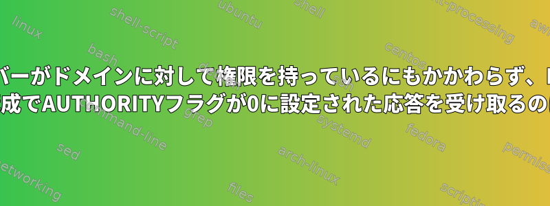 サーバーがドメインに対して権限を持っているにもかかわらず、BIND DNSサーバー構成でAUTHORITYフラグが0に設定された応答を受け取るのはなぜですか？