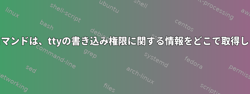 Fingerコマンドは、ttyの書き込み権限に関する情報をどこで取得しますか？