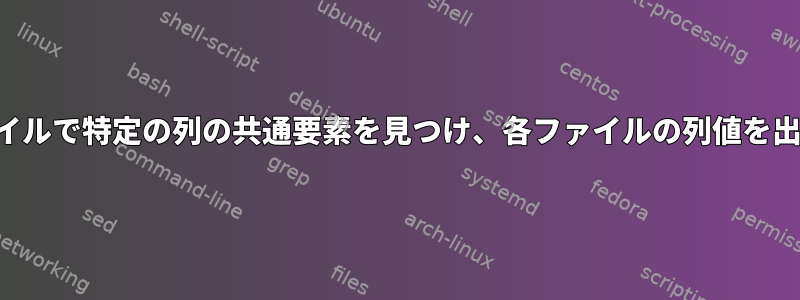 両方のファイルで特定の列の共通要素を見つけ、各ファイルの列値を出力します。