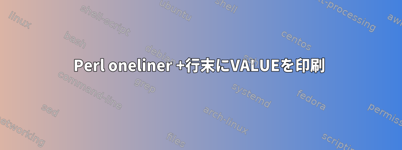 Perl oneliner +行末にVALUEを印刷