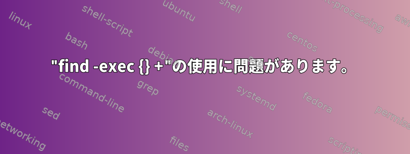 "find -exec {} +"の使用に問題があります。