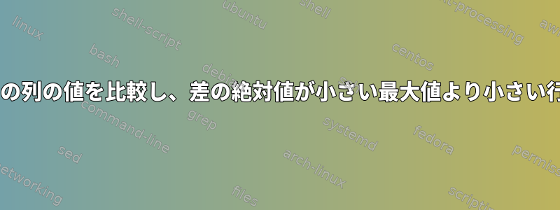 2つの異なるファイル内の2つの列の値を比較し、差の絶対値が小さい最大値より小さい行全体をエコーする方法は？