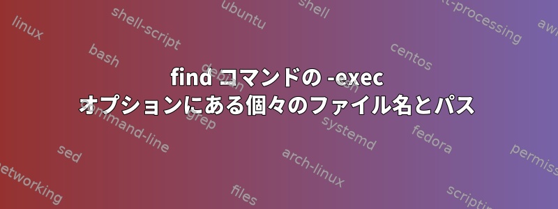 find コマンドの -exec オプションにある個々のファイル名とパス