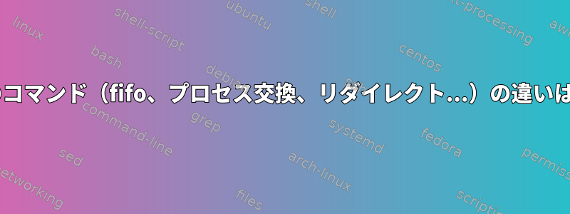 これら4つのコマンド（fifo、プロセス交換、リダイレクト...）の違いは何ですか？