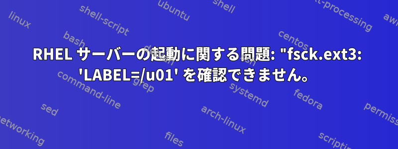 RHEL サーバーの起動に関する問題: "fsck.ext3: 'LABEL=/u01' を確認できません。