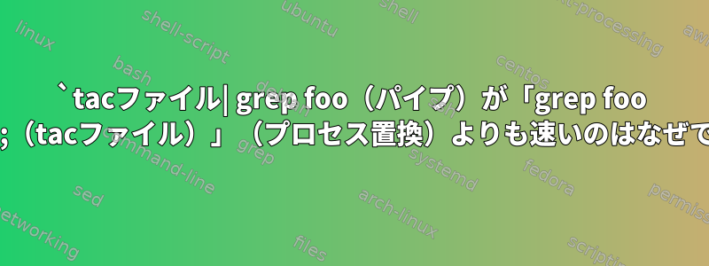 `tacファイル| grep foo（パイプ）が「grep foo &lt;&lt;（tacファイル）」（プロセス置換）よりも速いのはなぜですか？