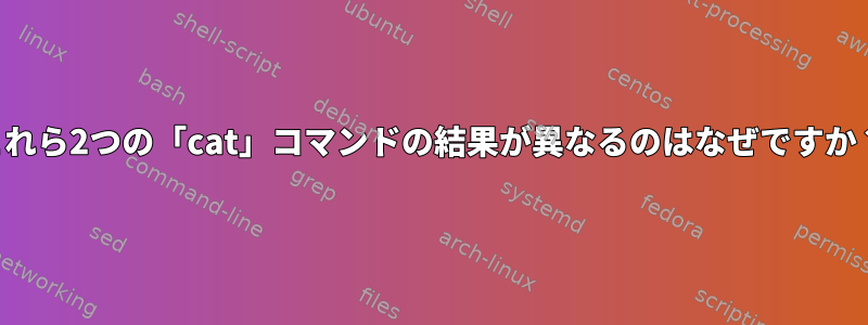 これら2つの「cat」コマンドの結果が異なるのはなぜですか？