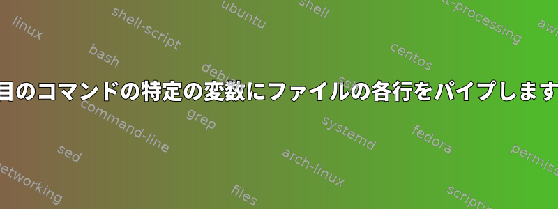 2番目のコマンドの特定の変数にファイルの各行をパイプします。