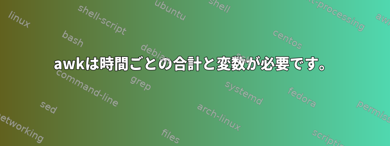 awkは時間ごとの合計と変数が必要です。