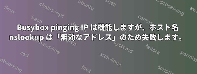 Busybox pinging IP は機能しますが、ホスト名 nslookup は「無効なアドレス」のため失敗します。