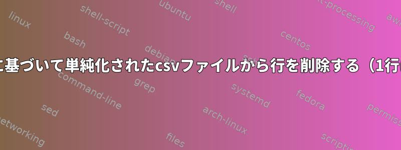 特定の列値に基づいて単純化されたcsvファイルから行を削除する（1行につき1行）