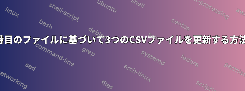 4番目のファイルに基づいて3つのCSVファイルを更新する方法