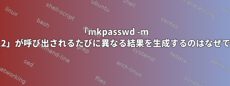 「mkpasswd -m sha-512」が呼び出されるたびに異なる結果を生成するのはなぜですか？