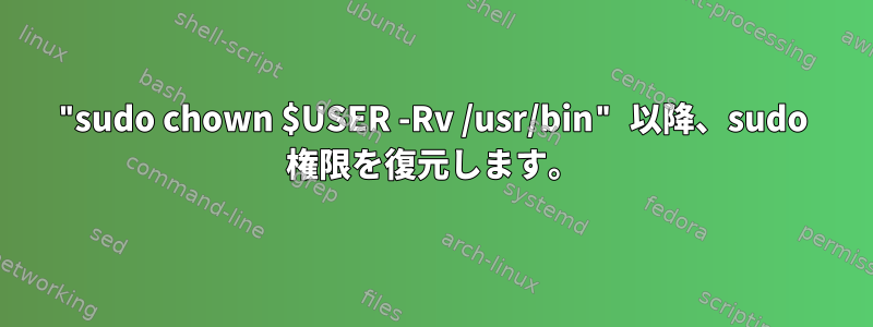 "sudo chown $USER -Rv /usr/bin" 以降、sudo 権限を復元します。