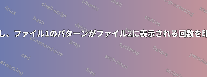 grepを実行し、ファイル1のパターンがファイル2に表示される回数を印刷します。