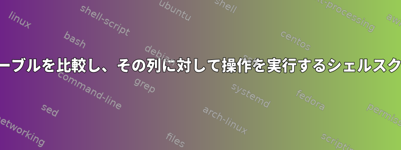 2つのテーブルを比較し、その列に対して操作を実行するシェルスクリプト