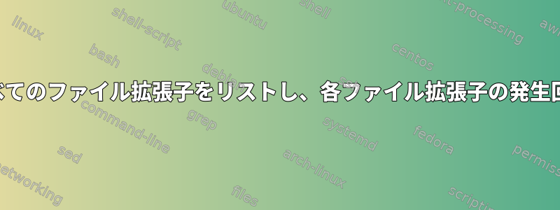 ツリー構造内のすべてのファイル拡張子をリストし、各ファイル拡張子の発生回数を計算します。