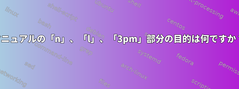 マニュアルの「n」、「l」、「3pm」部分の目的は何ですか？