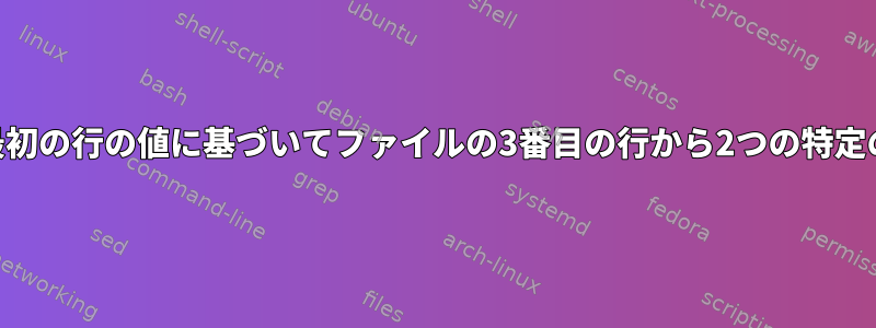 awkを使用して、最初の行の値に基づいてファイルの3番目の行から2つの特定の列を取得します。