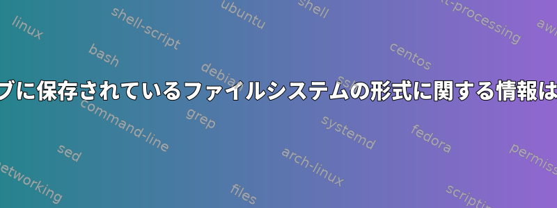 外付けハードドライブに保存されているファイルシステムの形式に関する情報はどこにありますか？